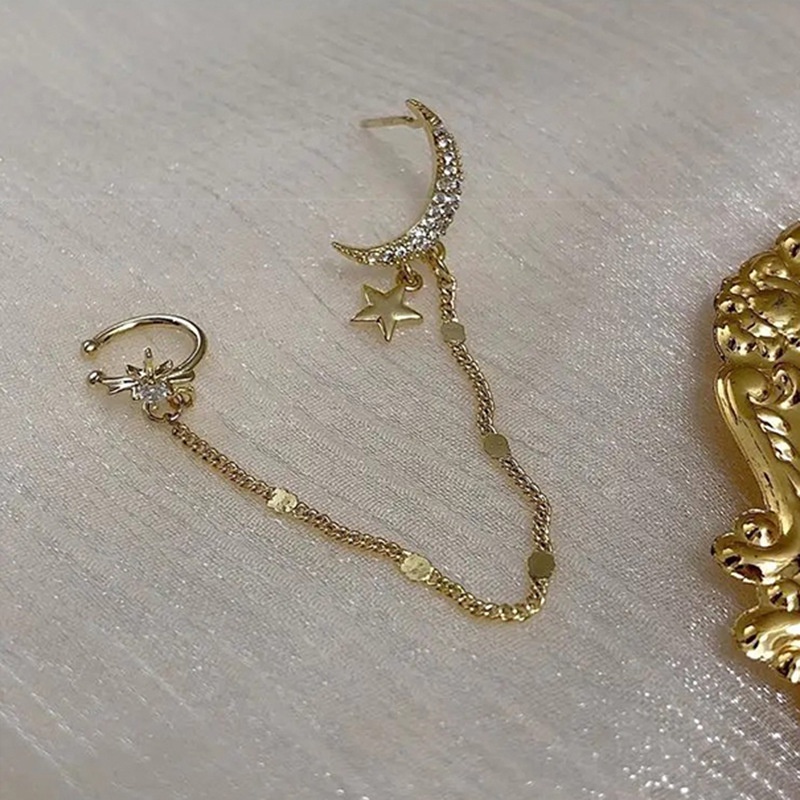 YEEZII Elegant Star Moon Stud Earrings Gold Chain Earring Tassel Earing Ear Clips Crystal Earings for Women Accessories Jewelry