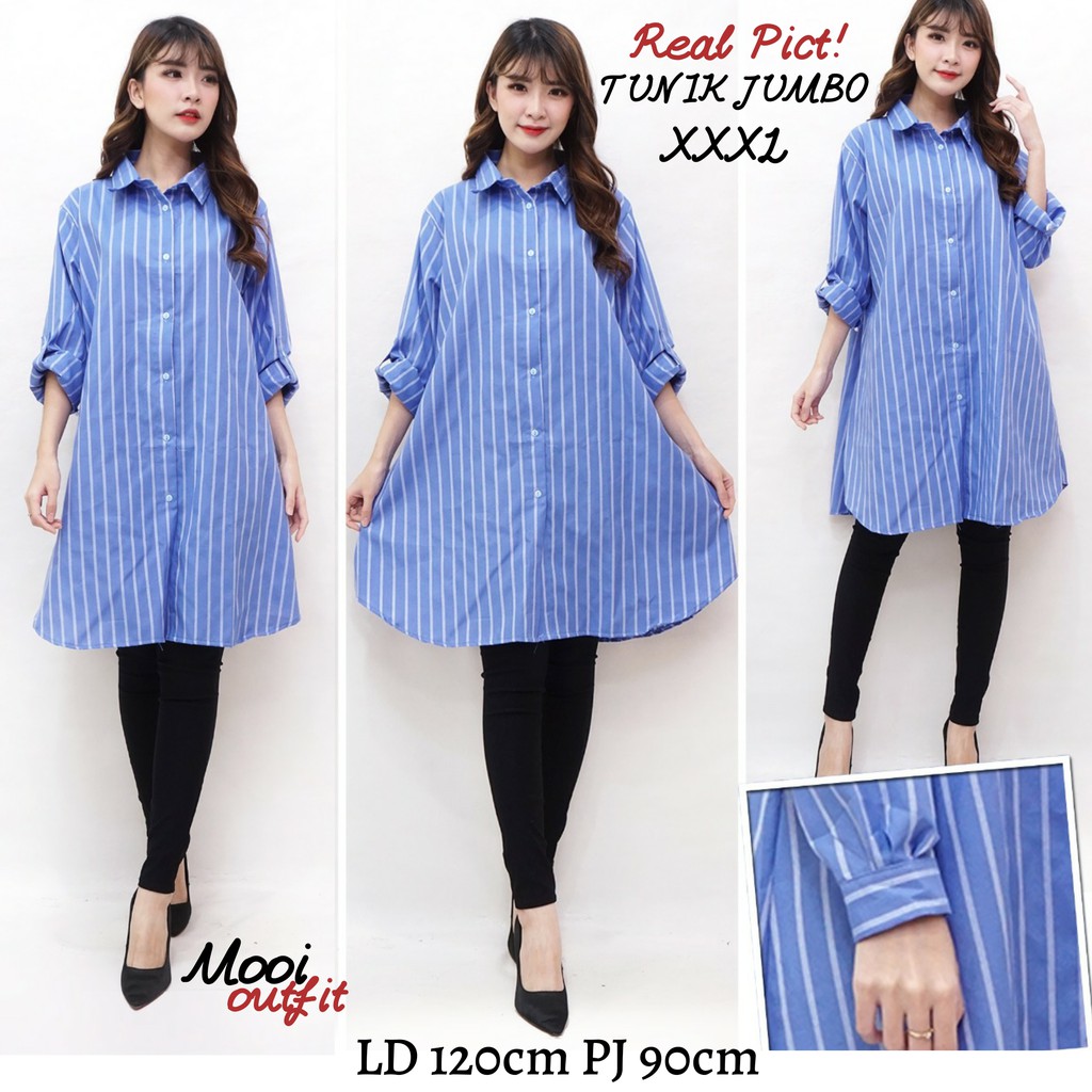 Blouse Jumbo Salur Ld 120- Blus Jumbo Wanita- Baju Jumbo Xxxl Ld 120- Blouse Wanita Jumbo-TUNIK BIRU MUDA