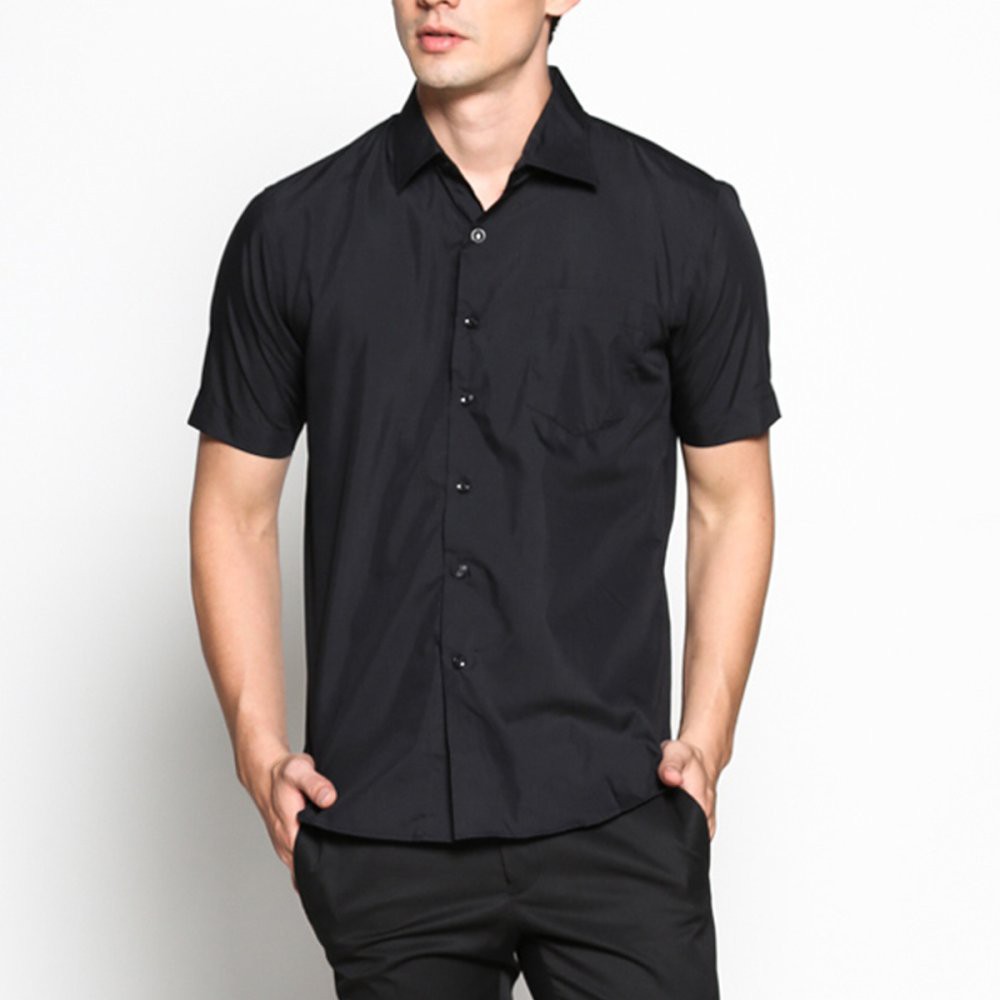  Baju  formal lengan pendek hitam polos  Kemeja formal pria 