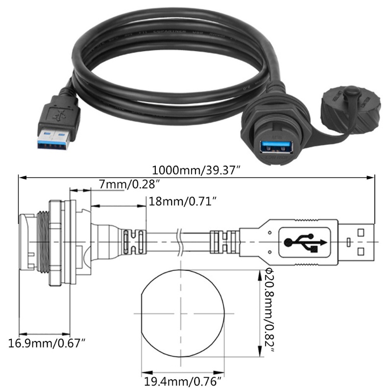 Btsg USB 2.0 3.0 Socket Male to Female Kabel Ekstensi IP67 Kabel Konektor Dudukan Panel Tahan Air