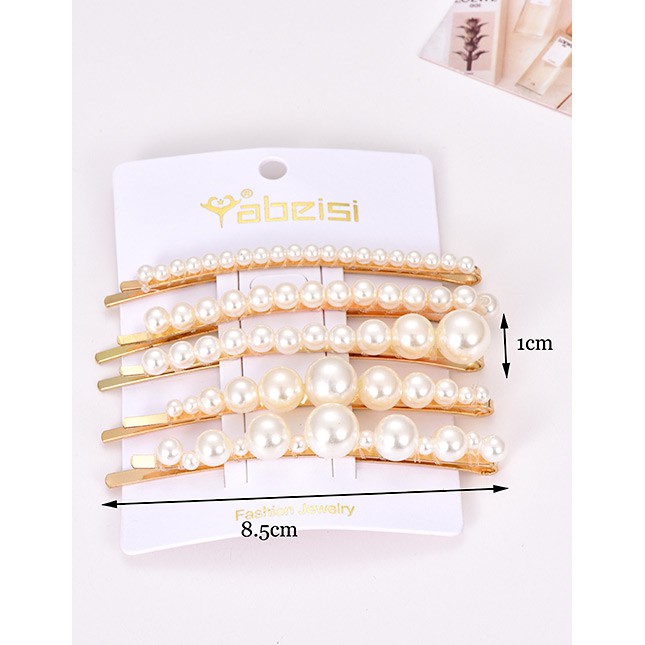 LRC Jepit Rambut Fashion White Alloy Pearl Hair Clip Five-piece F50051