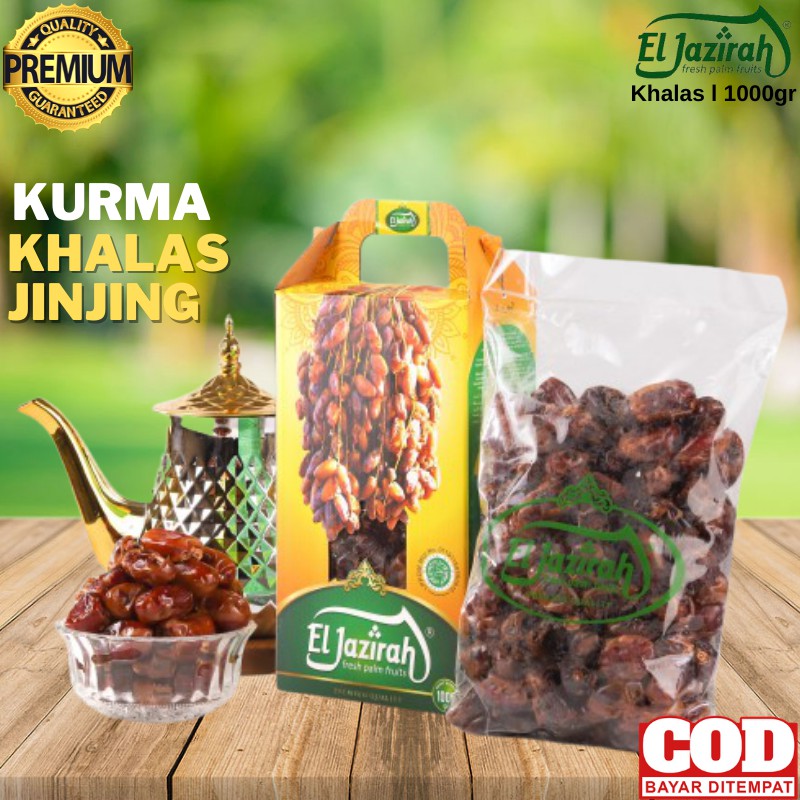 

Kurma Khalas Premium Eljazirah Kemasan Jinjing 1 Kg Coklat Tekstur Basah Segar Murah Korma Khalas