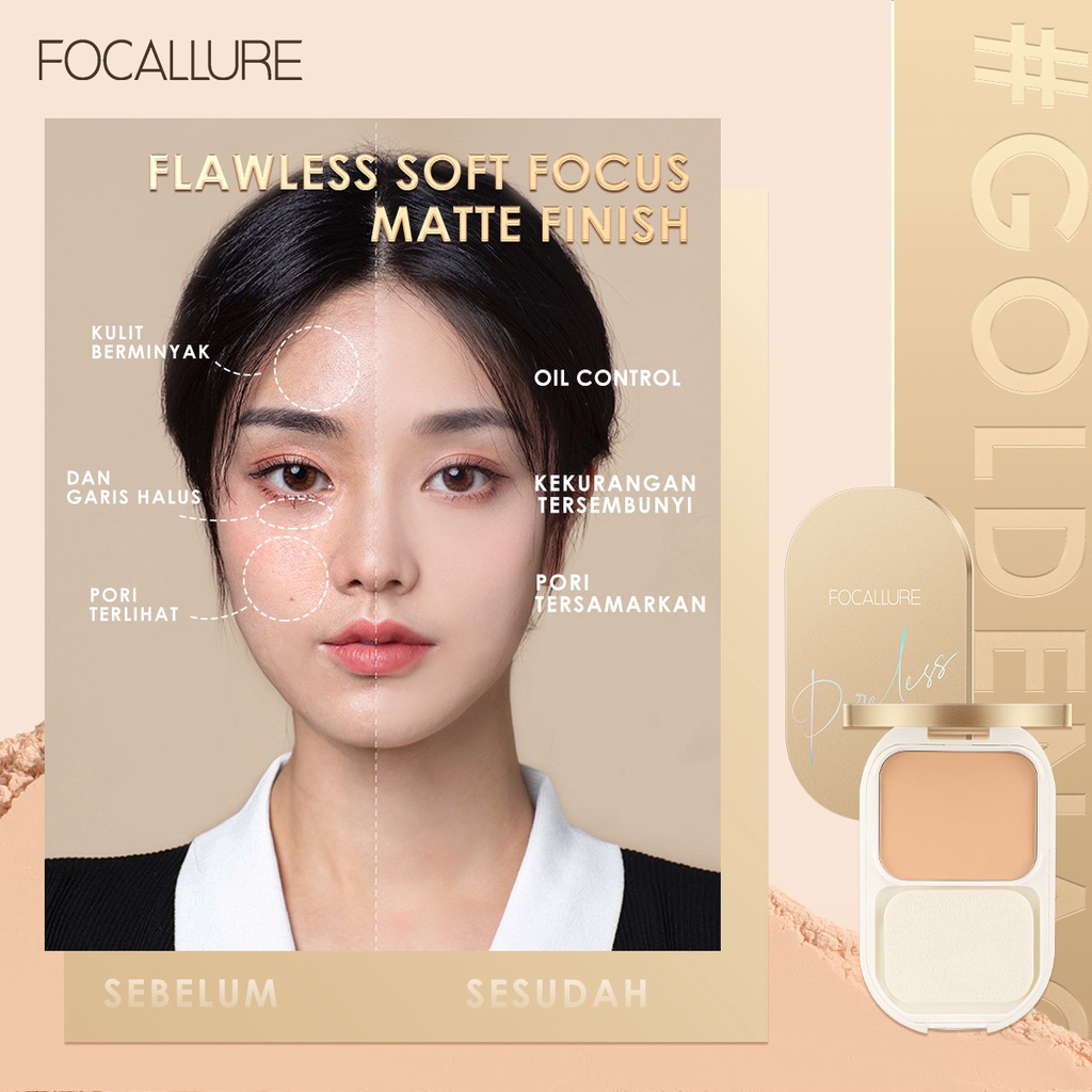 FOCALLURE #GoldenAge Matte Poreless Bedak Padat Compact Powder Waterproof Matte Pressed Powder- Up to 12 Hours