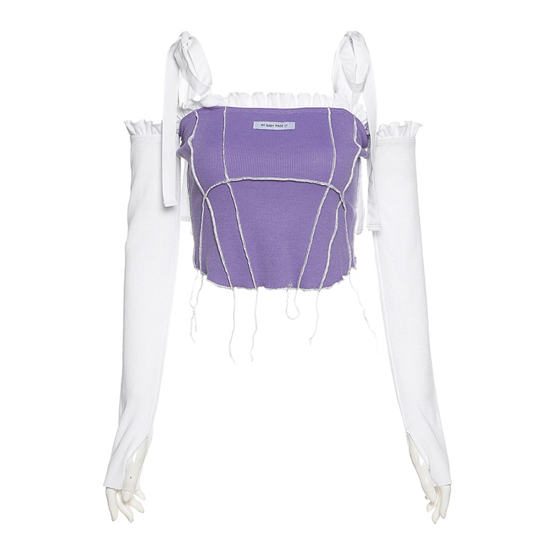 #Sisjuly# Perancis segar krim ungu huruf bordir renda kecil selempang wanita dua memakai tube top
