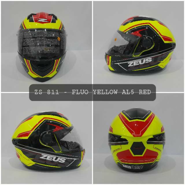 HELM ZEUS FULL FACE ZS-811 FLUO YELLOW / AL 5 RED - FREE SMOKE VISOR  ORIGINAL ( ONGKIR 2KG )