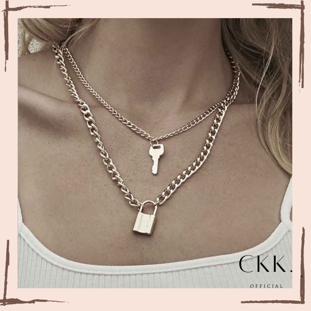 ➰CKK➰ Korean Fashion Kalung Gembok Emas K17 Liontin Kalung Rantai Wanita Retro Simple Kunci Kreatif Wanita