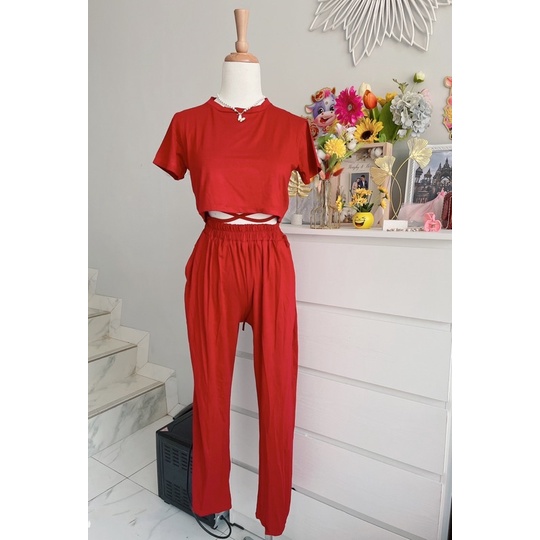 stelan croptop+long pants polos wanita,set rayon polos kyota,one set kyota rayon polos murah