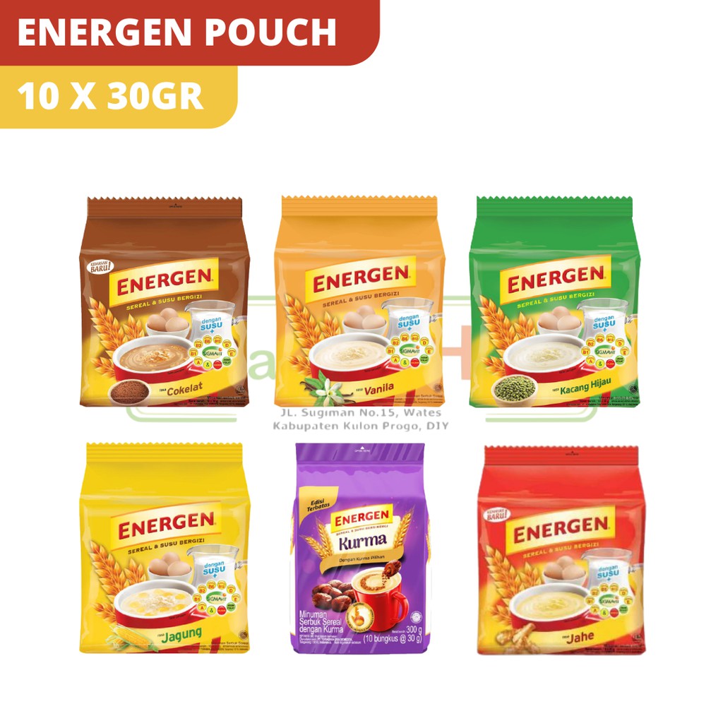 

ENERGEN COKLAT/ JAGUNG/ VANILA/ JAHE/ KURMA POUCH 10's x 30gr