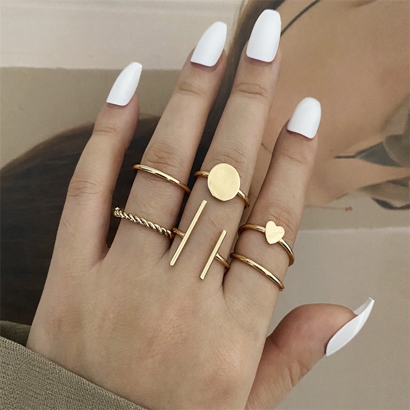 6pcs / Set Cincin Bentuk Hati Geometris Gaya Simple Untuk Wanita