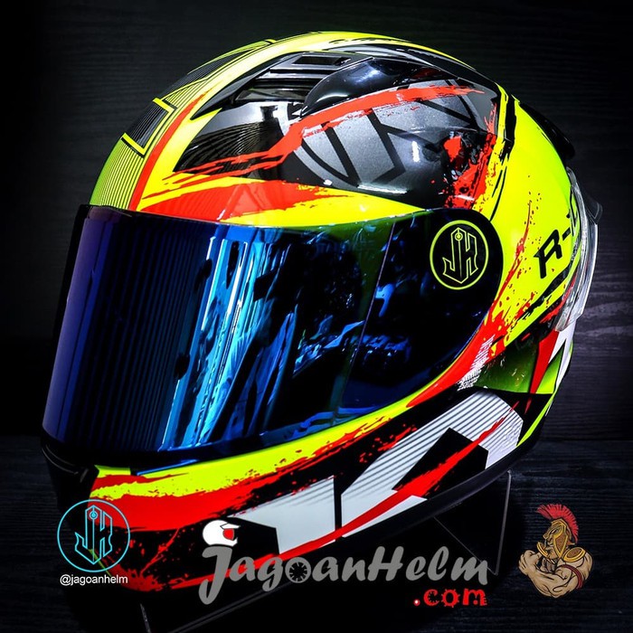 OFC KYT HELM R10 2 YELLOW FLUO RED IRIDIUM FLAT VISOR SPOILER R10