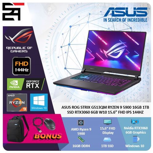 Asus ROG Strix G513QM RTX3060-6GB Ryzen 9 5900 16GB 1TB SSD RTX3060 6GB 15.6 Inchi FHD IPS 144Hz