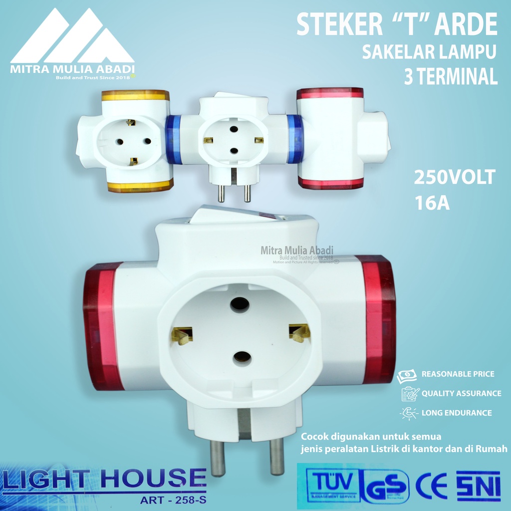 STEKER T ARDE + SAKLAR adaptor 3 lubang- 250v 16a