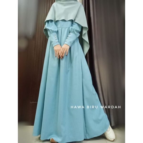 Hawa Dress gamis Premium design lengan balon realpict-Biru wardah