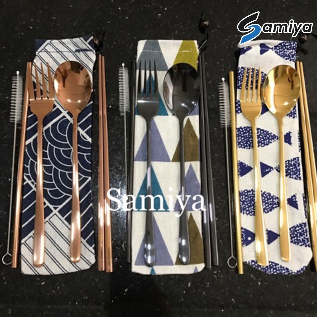 Paket sedotan stainless sendok garpu sumpit set dan sikat / sedotan stainless warna / alat makan set