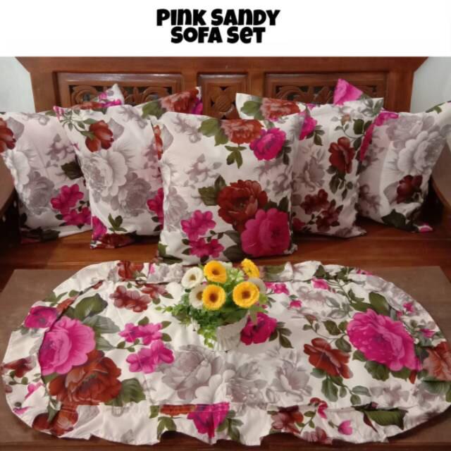 Terlaris!!! Grosir Sofa Set/ Set Tamu / Sarung Bantal Sofa 40x40 Taplak Meja Motif Pink Polka
