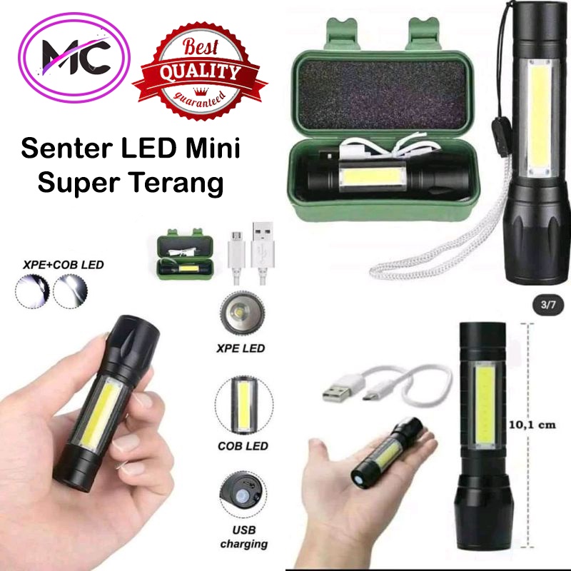 Senter Mini Led Zoom Super Terang XPE COB SWAT Police Light Recharge Cas Micro USB