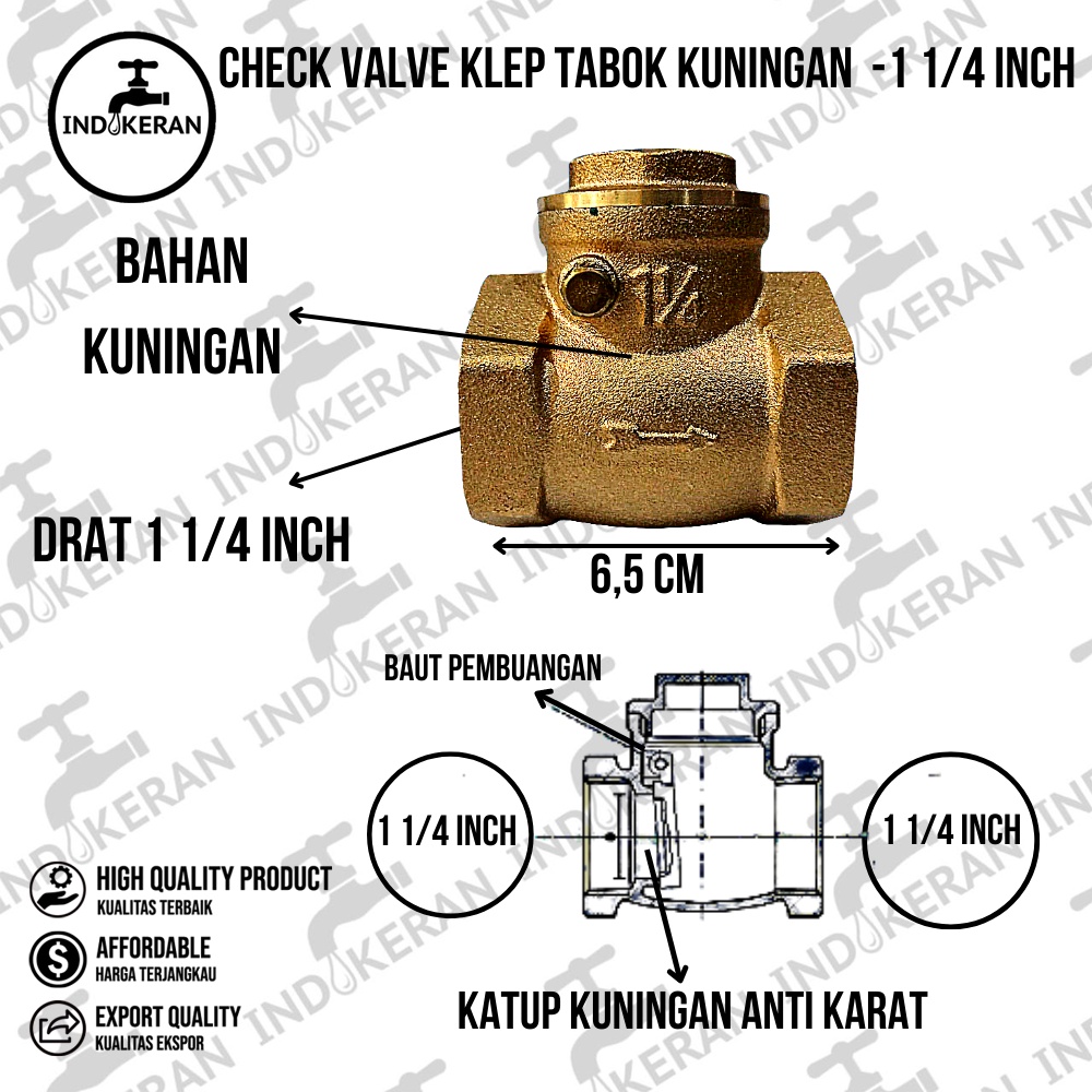 INDOKERAN - Check Valve Klep Tabok Kuningan - 1 1/4 Inch