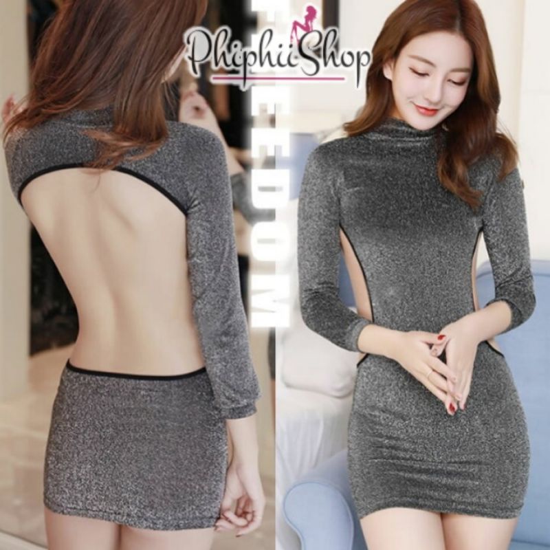 Bodycon Dress Mini Sexy Glitter Open Back Backless Lengan Panjang