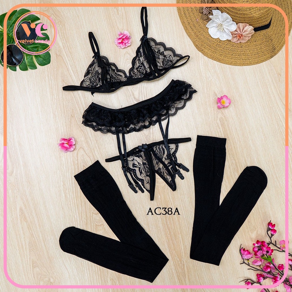[PRODUK READY] SET BH CD SEKSI UNDERWEAR WANITA + GARTER BELT STOCKING SEXY LACE WANITA HITAM AC-AD3