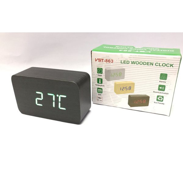 Jam Meja Digital Led Weker &amp; Digital Wood Alarm Clock 012 black green