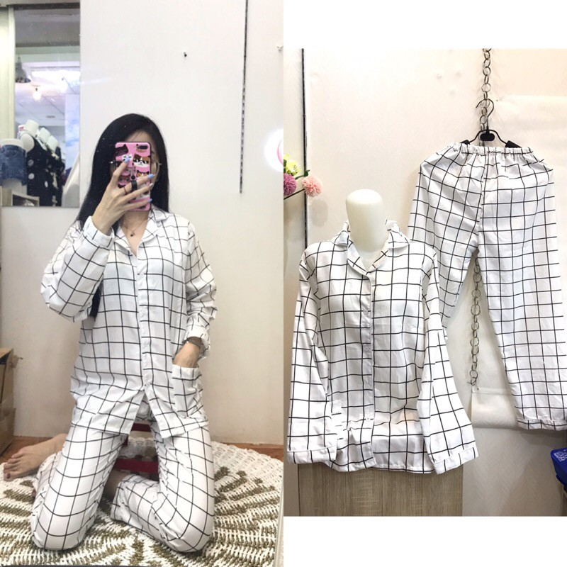 piyama/pajamas kotak&quot; PP putih murah.homewear/sleepwear/bajutidur cwe PP tartan white kekinian