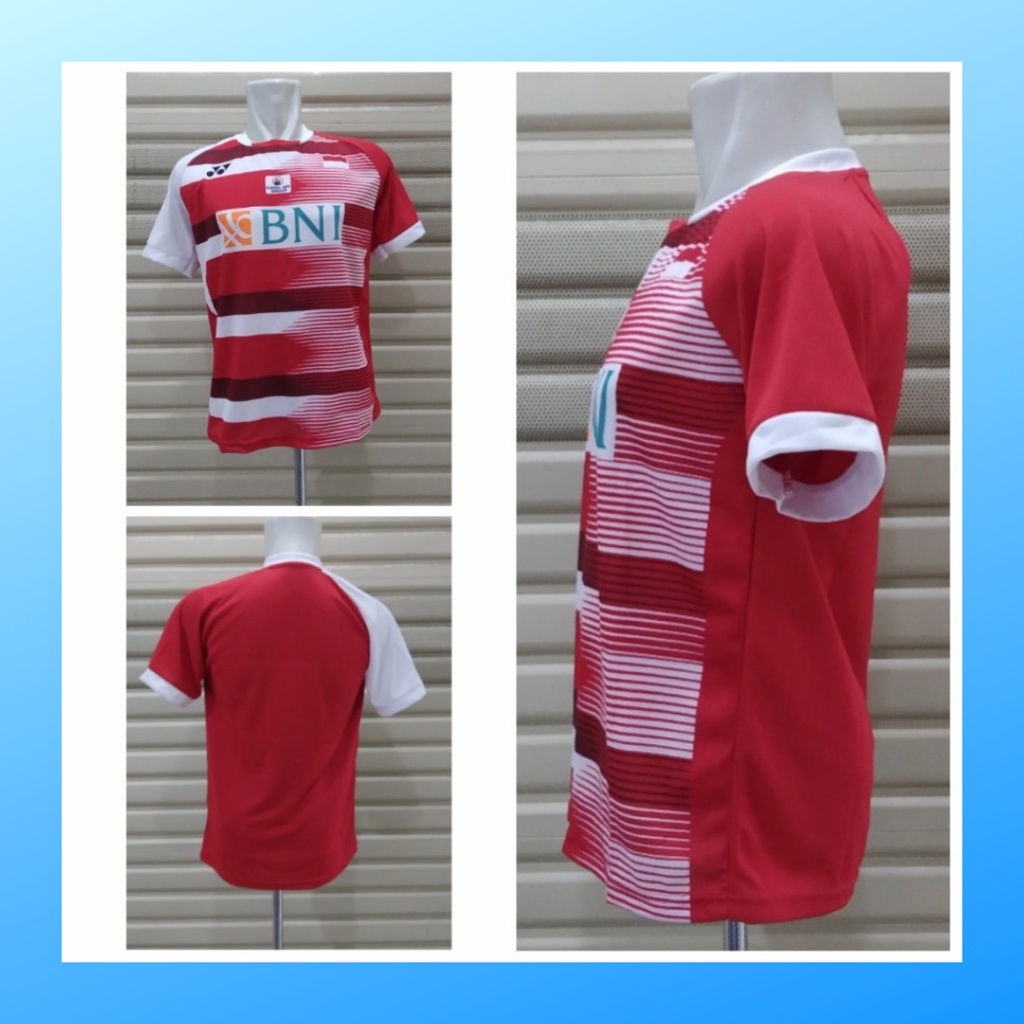 Kaos badminton pria jersey bulutangkis baju atasan jersy wanita dewasa t-shirt outfit seragam kostum olahraga casual suit pakaian jarsey oblong apparel sports jersi bulu tangkis Y167 merah sponsor