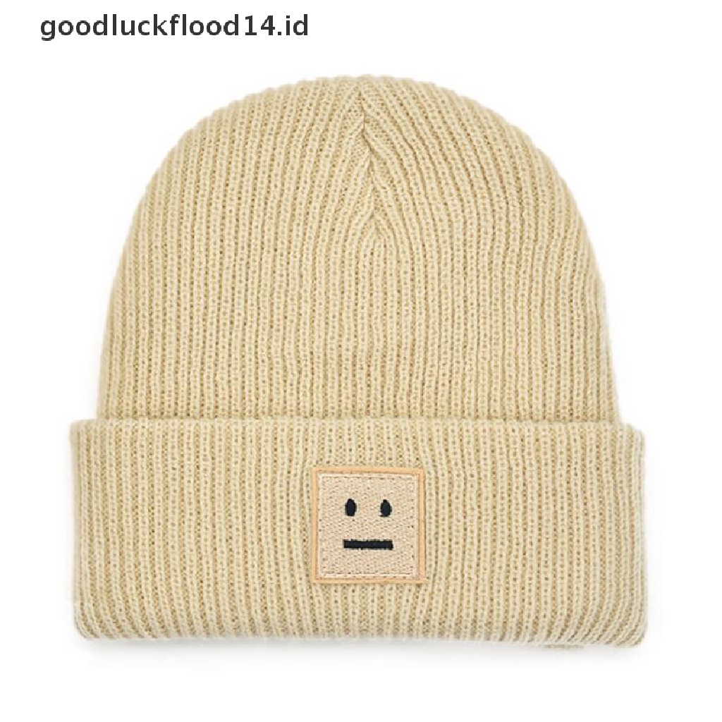 [OOID] Cute Smiling Face Label Winter Knit Embroidery Hat Unisex Adult Beanie Outdoor ID