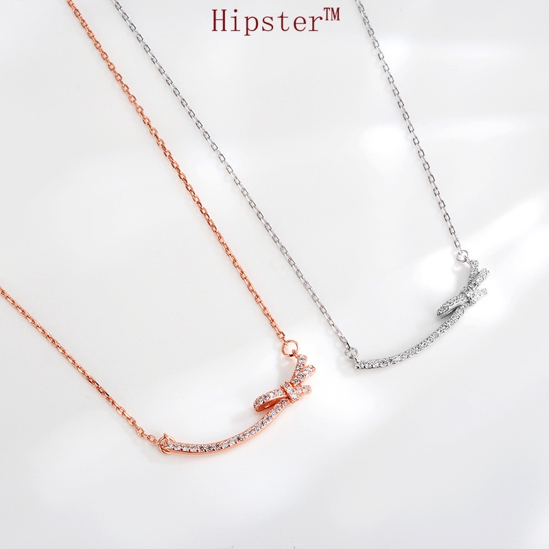 INS Style Minimalist Creative Design Full Diamond Smile Thin Bow Pendant Necklace