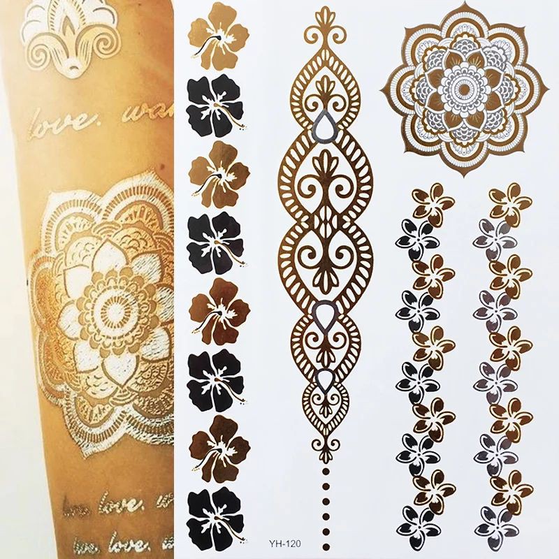 Tato Emas Perak Wanita Fashion Henna/Bulu Merak Desain Tato Sementara Tongkat Paster