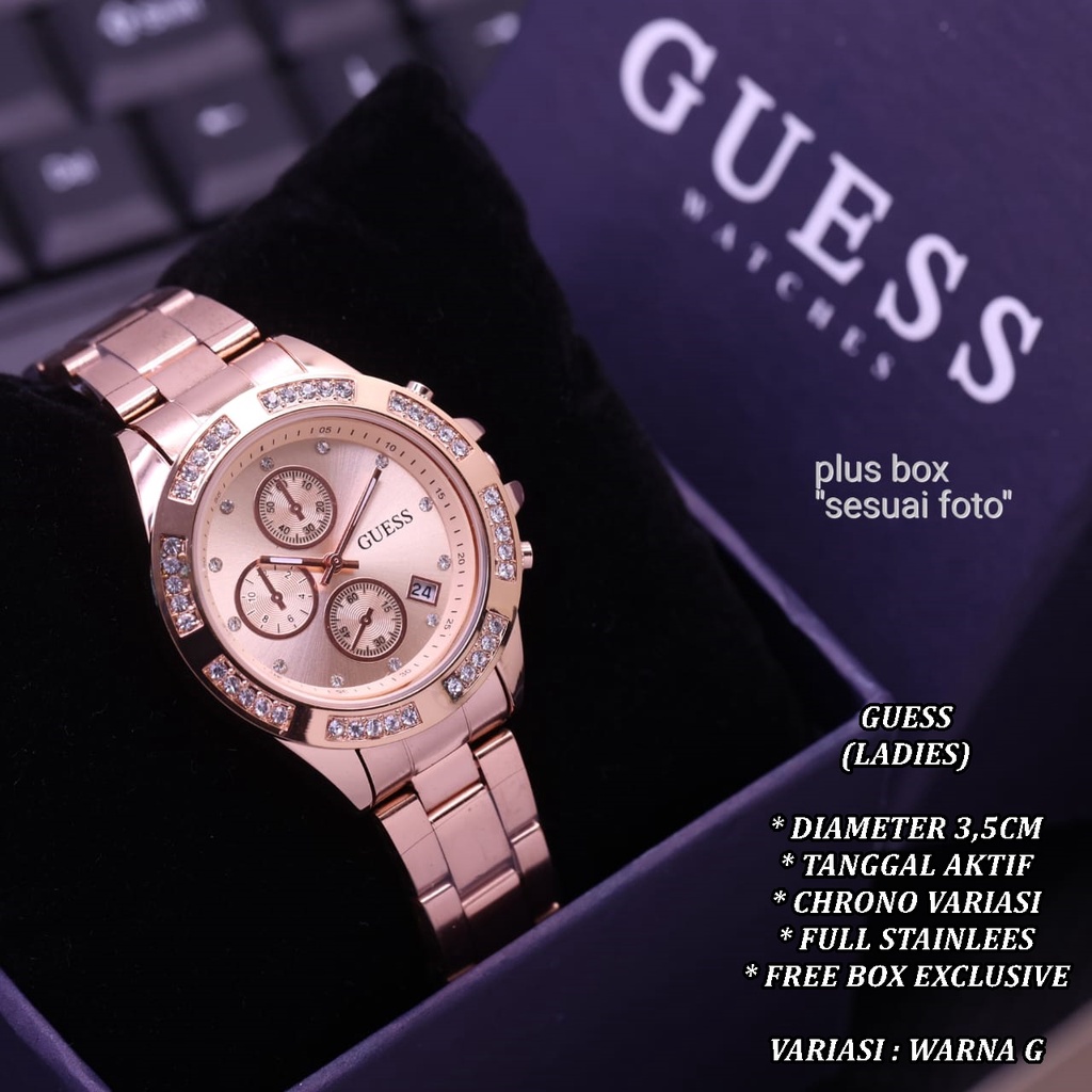 (FREE BOX) JAM TANGAN WANITA GUESS FULL STAINLEES TANGAL AKTIF CHRONO OFF