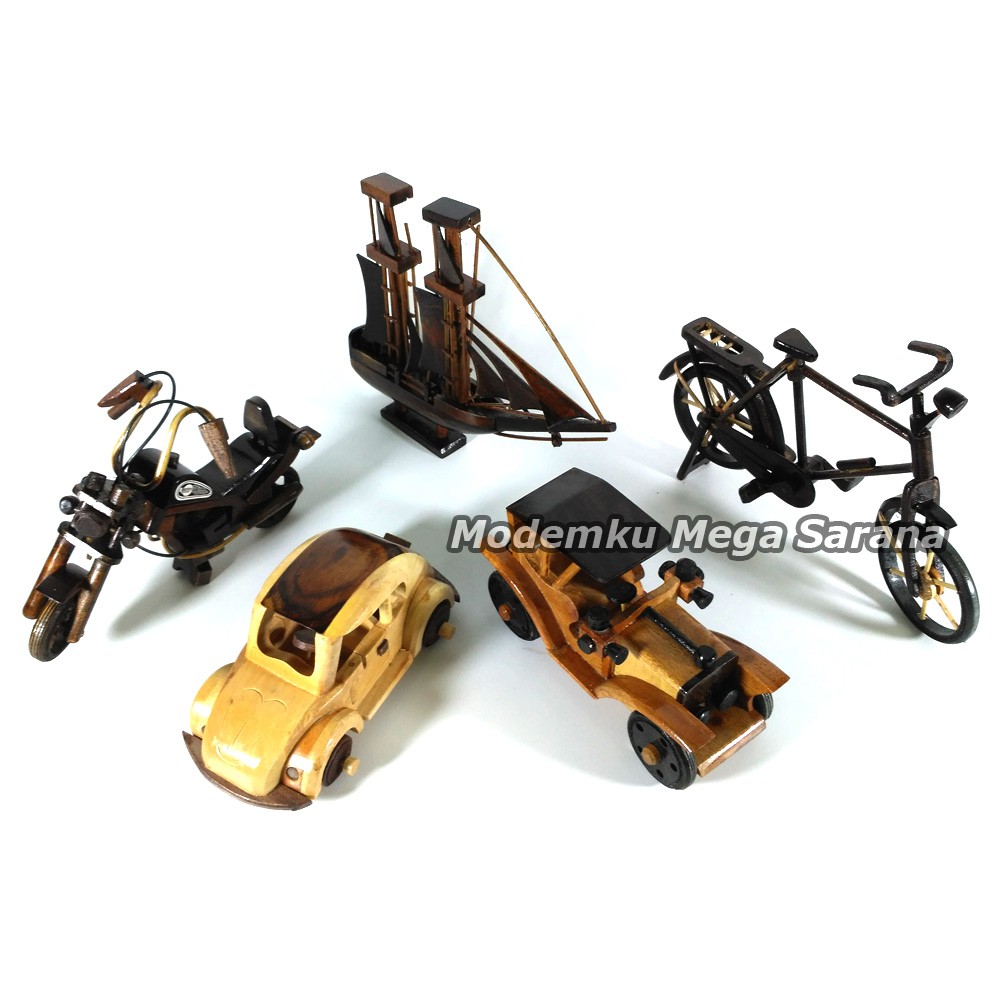 Diecast Miniatur Kayu Kendaraan Mobil Kapal Sepeda - Isi 5 pcs