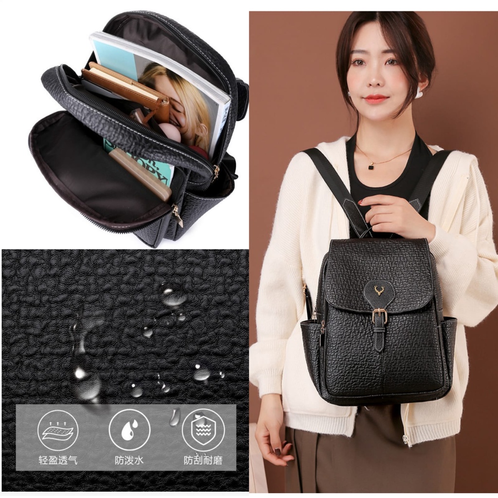 TAS RANSEL WANITA KULIT PREMIUM HITAM BRASSY GENDONG PUNGGUNG BACKPACK CEWEK KOREA TA538B5 SEKOLAH BRANDED KULIAH KERJA BATAM REMAJA KEKINIAN PREMIUM MURAH SIMPLE