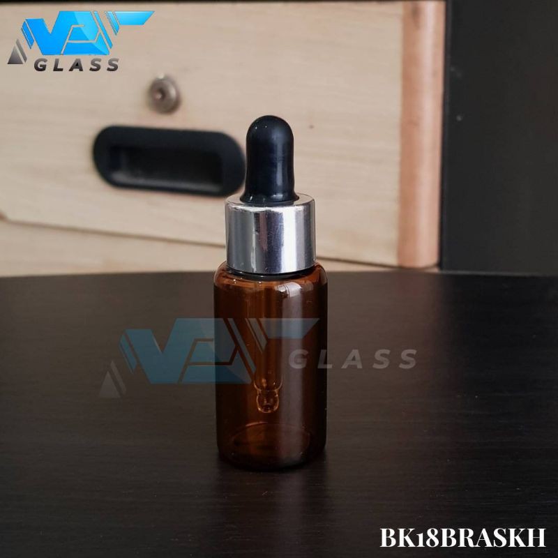 botol kaca pipet 18ml amber / coklat - ring almunium silver