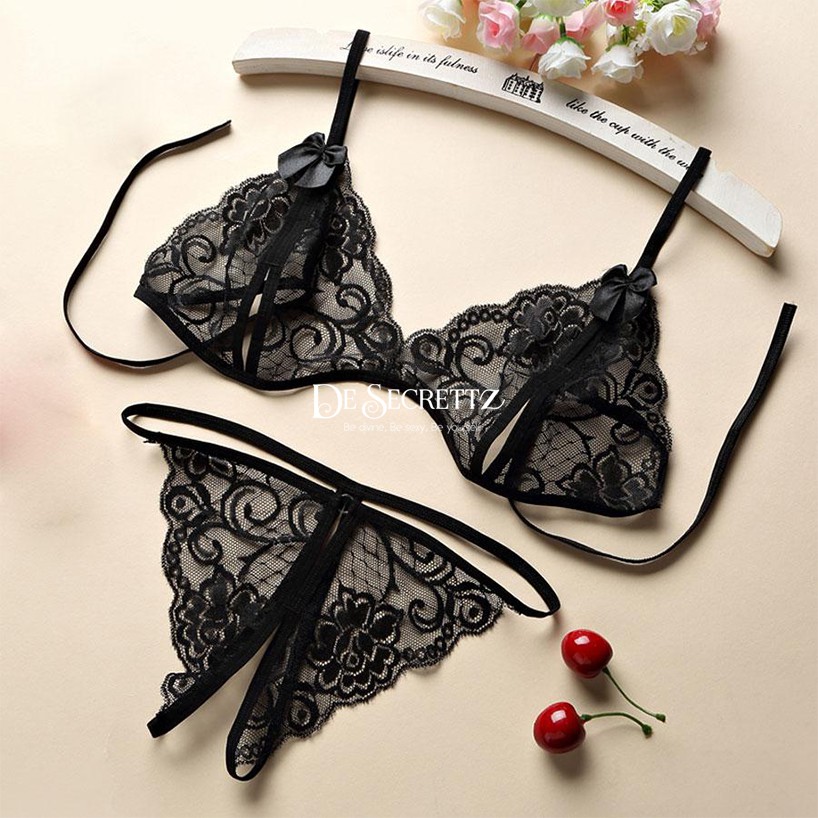 DeSecrettz LILY Lingerie Sexy Model Bra Set Transparan Dengan Open Crotch G String, Soft Lace Bikini