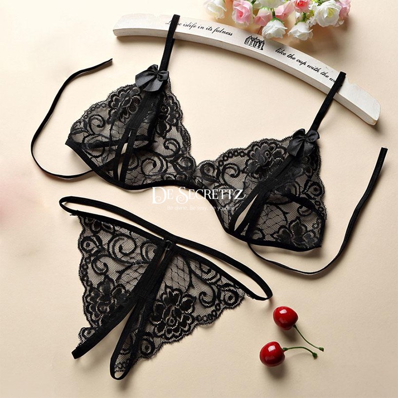 DeSecrettz LILY Lingerie Sexy Model Bra Set Transparan Dengan Open Crotch G String, Soft Lace Bikini, Baju Haram Sexy, Baju Tidur Sexy, Pakaian Dalam Wanita Sexy, Lingerie Murah, Sexy Lingerie