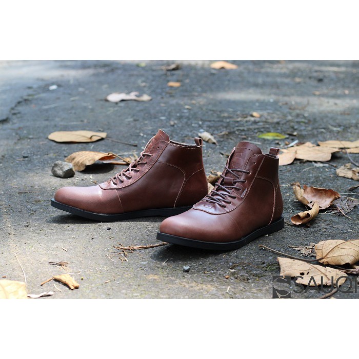 Sepatu Kulit Pria Sauqi Brd Racing Brown Boots Kerja Kantor