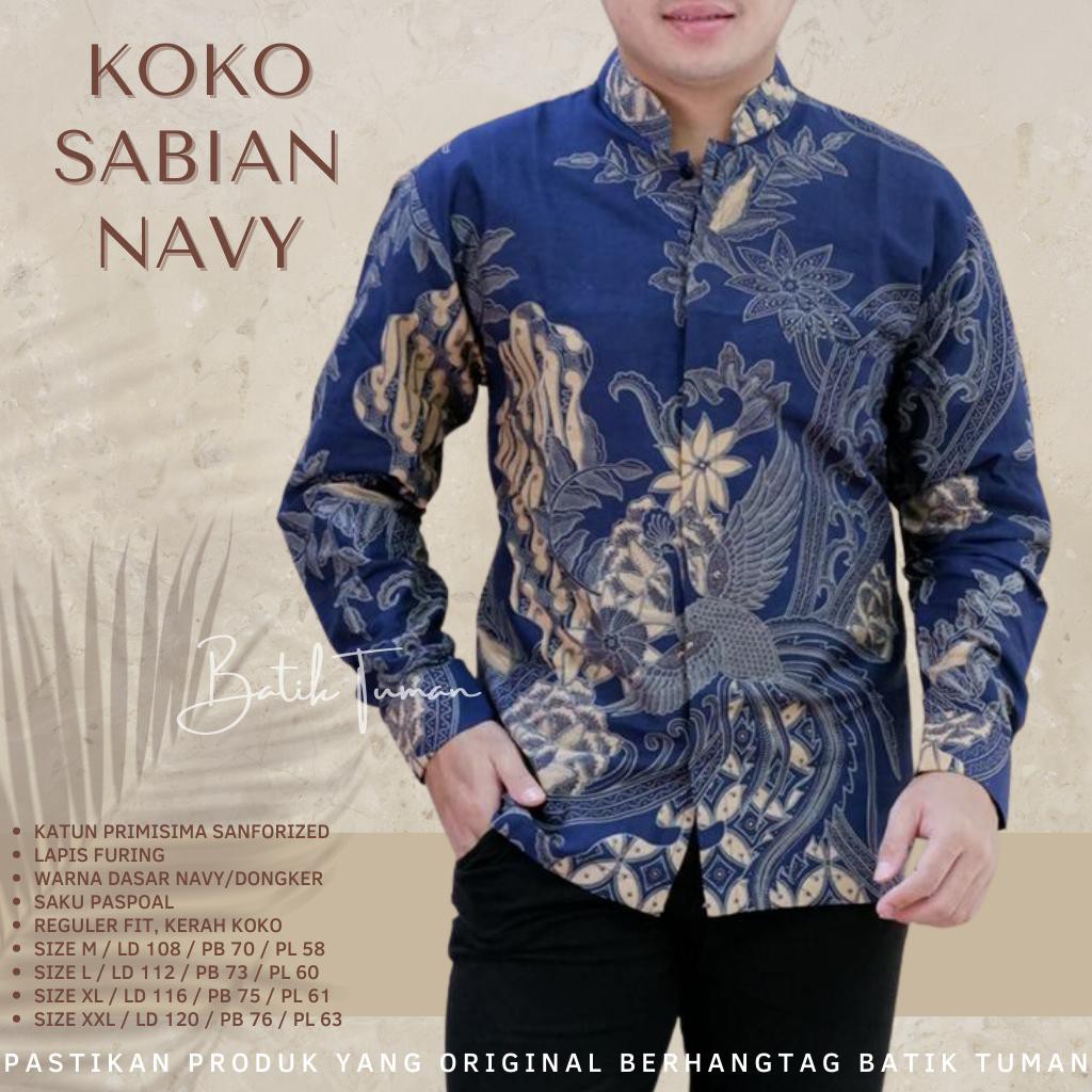 KOKO SABIAN NAVY Koko Batik Pria Lapis Furing Katun Primisima Batik Baju Koko Pria Lengan Panjang