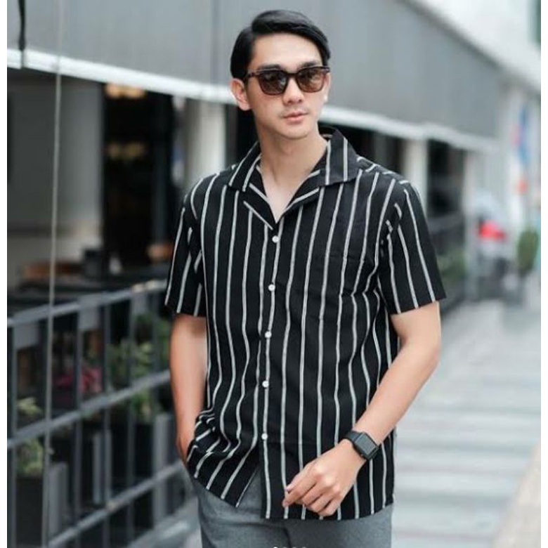 Kemeja Salur Stripe Lengan Pendek/Casual Kemeja Garis Vertical PREMIUM QUALITY Termurah!