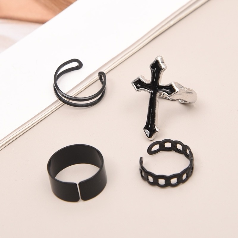 Set Cincin Desain Salib Geometris Bahan Logam Alloy Gaya Hip Hop Korea Untuk Pria Dan Wanita