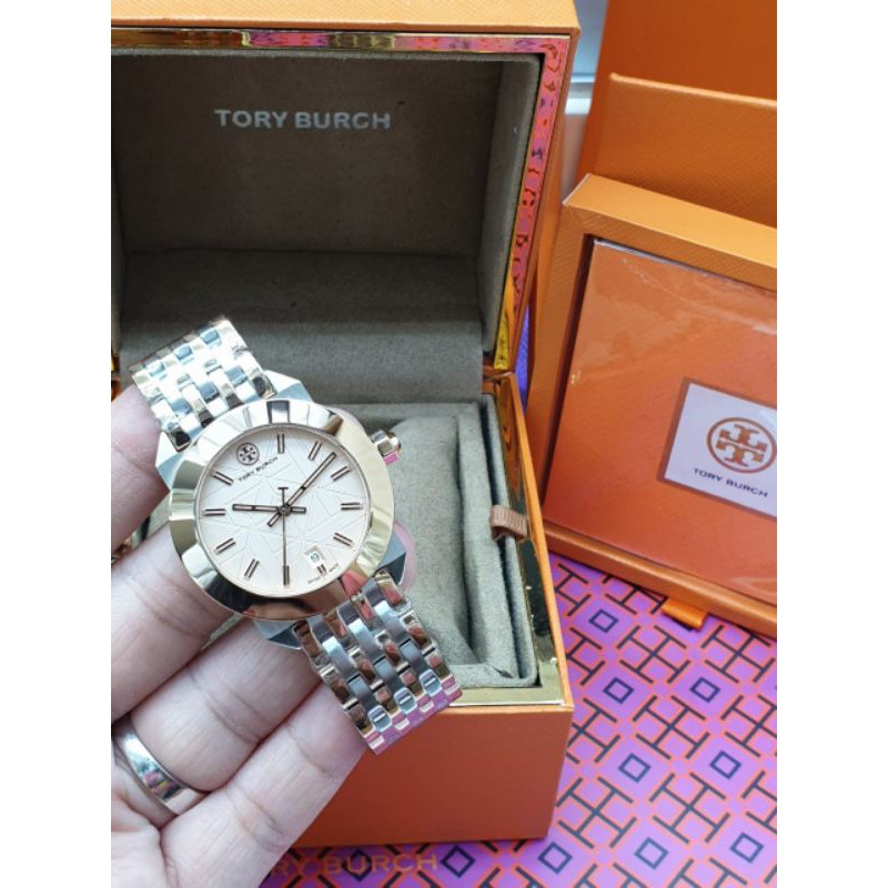 JAM TANGAN WANITA CEWEK MEREK TORY BURCH COMBI ROSE 34MM ORIGINAL SET BOX