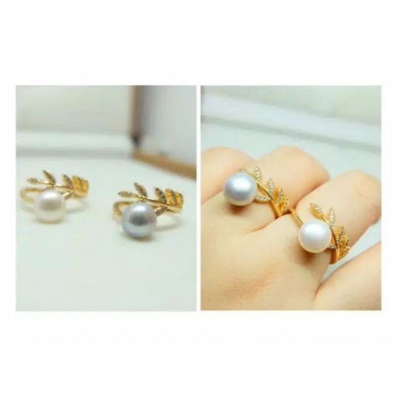 Cincin rhodium model daun || mutiara Lombok asli