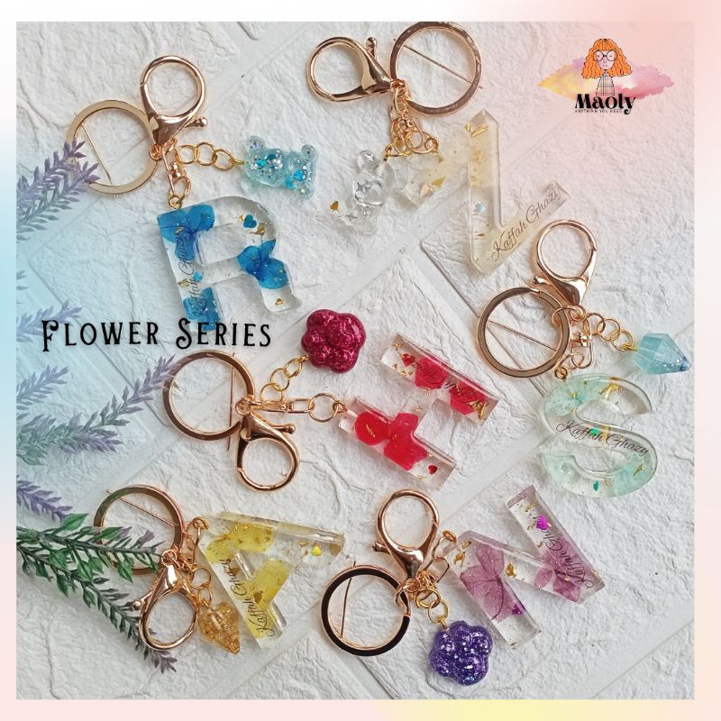 Flower Letter Keychain Resin Gantungan Kunci Huruf Ganci Custom Nama Huruf Kado Hadiah Sovenir Hangtag Hampers