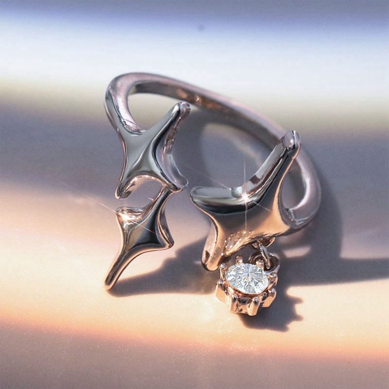 Cincin Silver Punk Handmade Adjustable Desain Bintang Hias Zircon Untuk Wanita