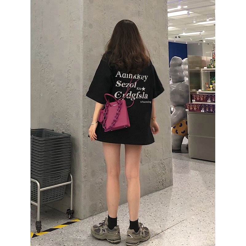 EUNII T-shirt Lengan Pendek Amerika Retro Hitam Cetak Bintang Longgar Korean Style/Kaos Atasan Wanita/Baju Kaus Oversize Wanita