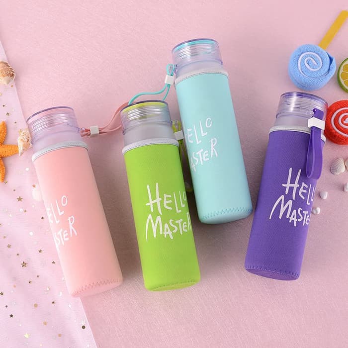 Botol Minum Hello Master 480ml / Tempat Minum Glass Dengan Pouch / Botol Minum Lucu Mudah Dibawa