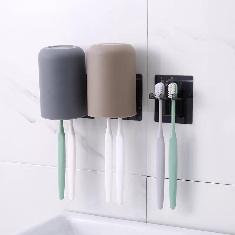 Sticker Holder / Tempat Sikat Gigi Dan Gelas 2in1 Tooth Brush Organizer Kamar Mandi Murah Praktis