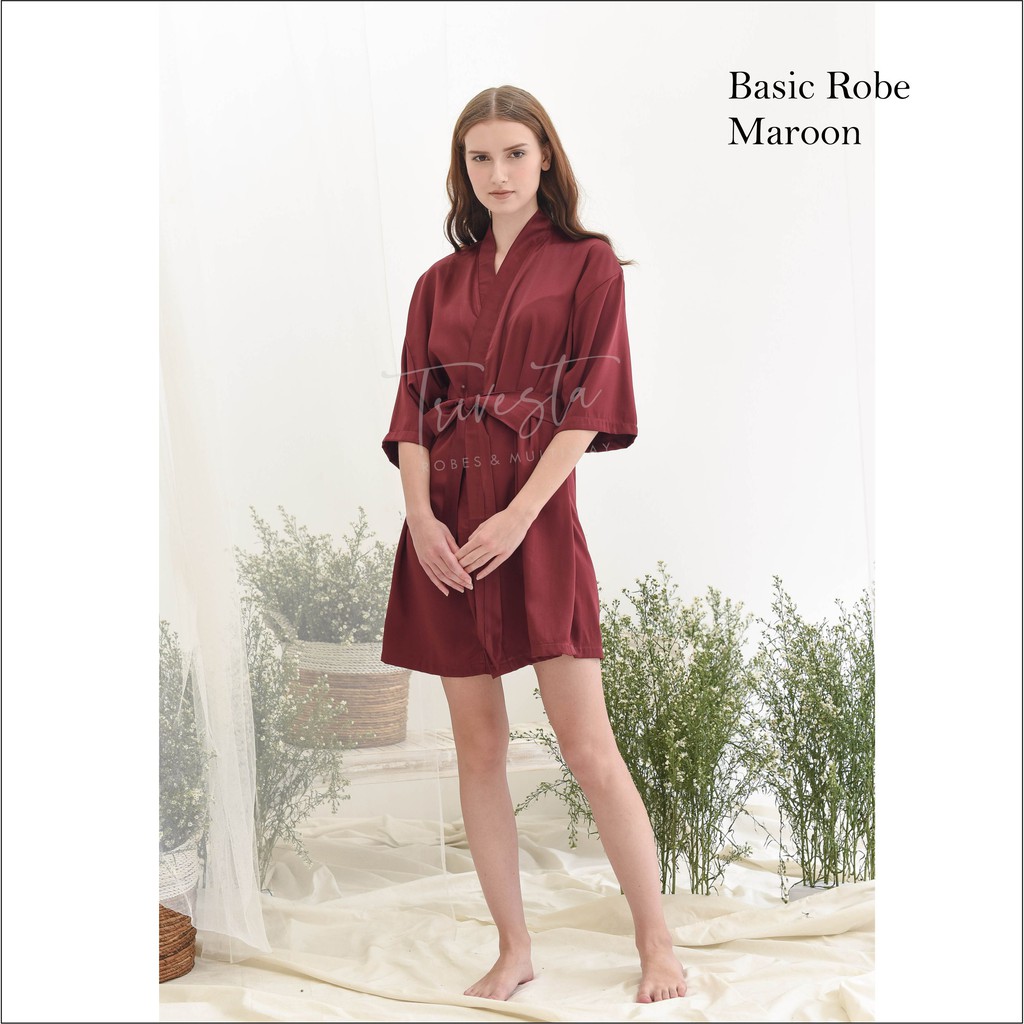 Trivesta Robes - Basic Robe Maroon - Kimono Robe Bridesmaid Satin + Free Bordir (Tulisan Bebas Bisa Nama)