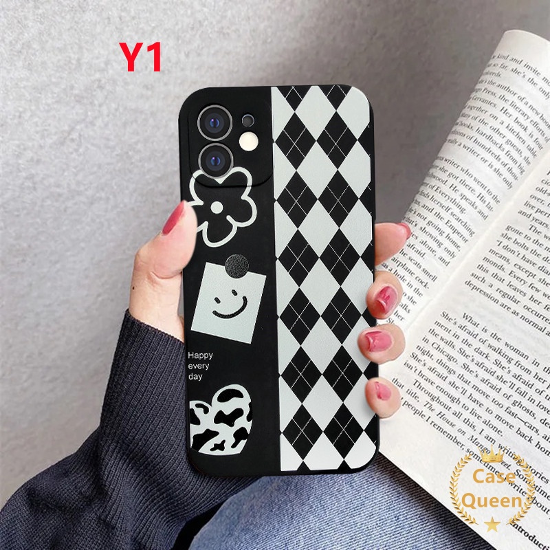 Straight Side Case Vivo Y15S Y20s G Y12A Y15A Y11s Y20A Y20G Y30G Y17 Y15 Y91 Y50 Y30 Y30I Y93 Y95 Y31 2021 Y53 Y51 Y12I Vivo Y21S Y21 2021 Y33S Y12 Y20S Y53S Y51A Y11 Y20 Y20I Y91C Simple Black White Lattice Smiling Flower Soft Tpu Cover