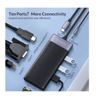 Type c to hdtv vga rj45 lan usb 3.0 hub sd Tf card pd usb-c audio 3.5mm converter orico 10in1 docking 4k 1080p 5Gbps 480Mbps 87w 10/100Mbps mdk-10p