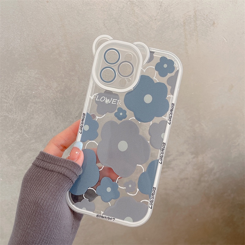 Soft Case Silikon Motif Bunga / Beruang Untuk Compatible for iPhone 14 13 12 11 Pro Max X Xr Xs Max SE 2020 8 7 6 6s Plus handphone Case murah Blue-gray Flower Phone Case Bear Ears All-inclusive Lens Clear Silicone Shockproof Phone Back Casing Cover